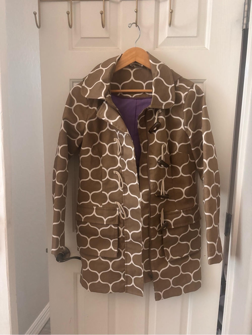 Boden Tan and White Geometric Toggle Trench Coat with Purple Lining
